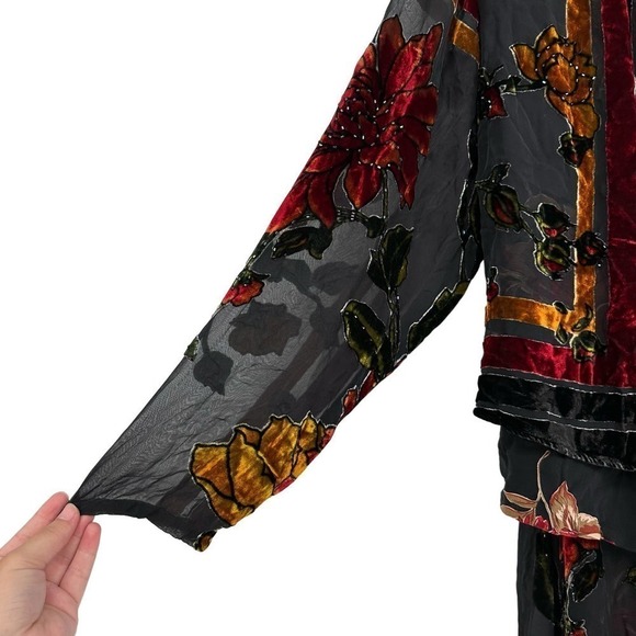 NEW Citron Silk Maxi Dress and Jacket Floral Print Velvet Beaded Fall - Picture 4 of 15